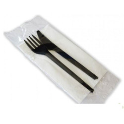 Set BIS black cutlery + 2-ply disposable biocomposable napkin reinforced in CPLA 16.5 cm 90 ° - 200pcs