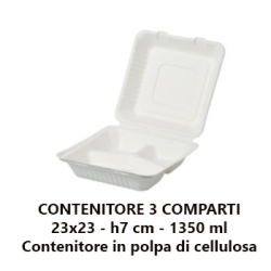 Box quadrato 3 comparti monouso take away delivery biodegradabile e compostabile in Polpa cellulosa 1500 mL - 25 pezzi