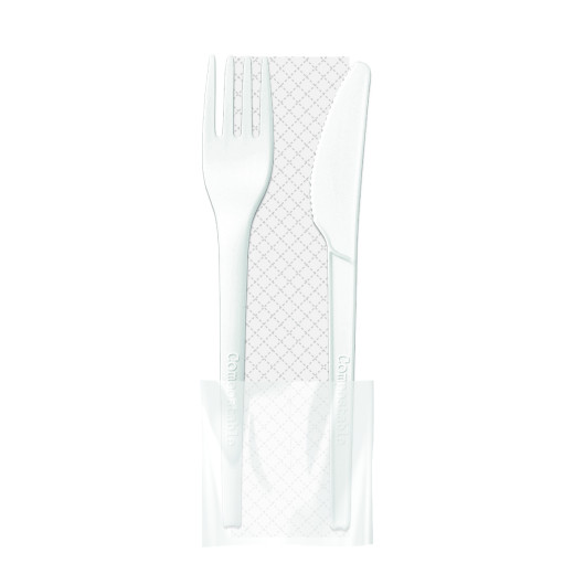 Set bis cutlery 16.5 + napkin 2 sheets 33x33 in CPLA and PAPER - 200pcs Set bis cutlery 16.5 + napkin 2 sheets 33x33 in CPLA and PAPER - 200pcs